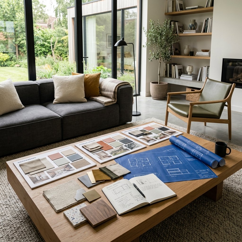Modern interior living room with curated timber panelling and warm lighting