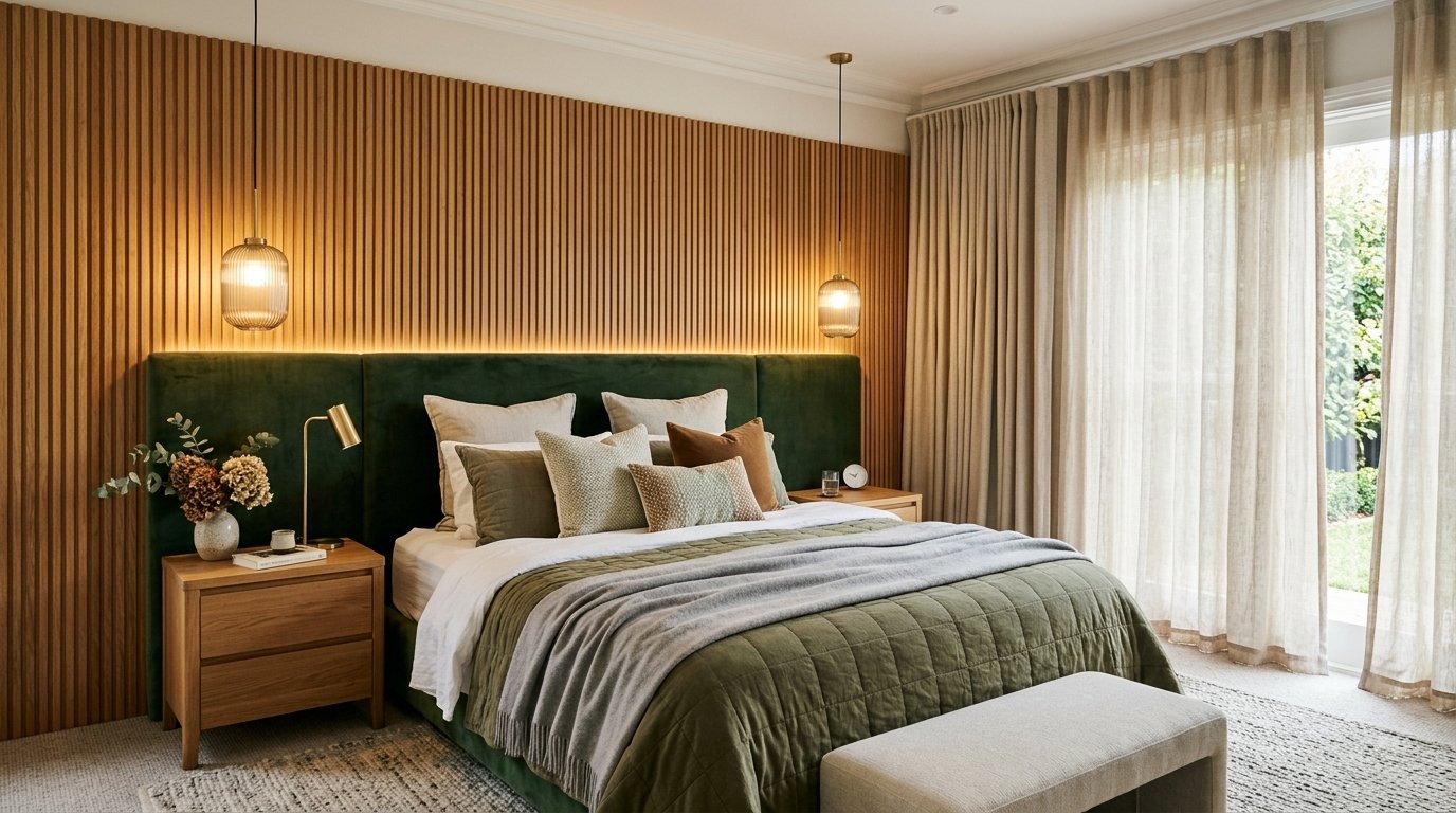 Master bedroom suite with custom upholstered headboard and warm ambient cove ceiling lighting