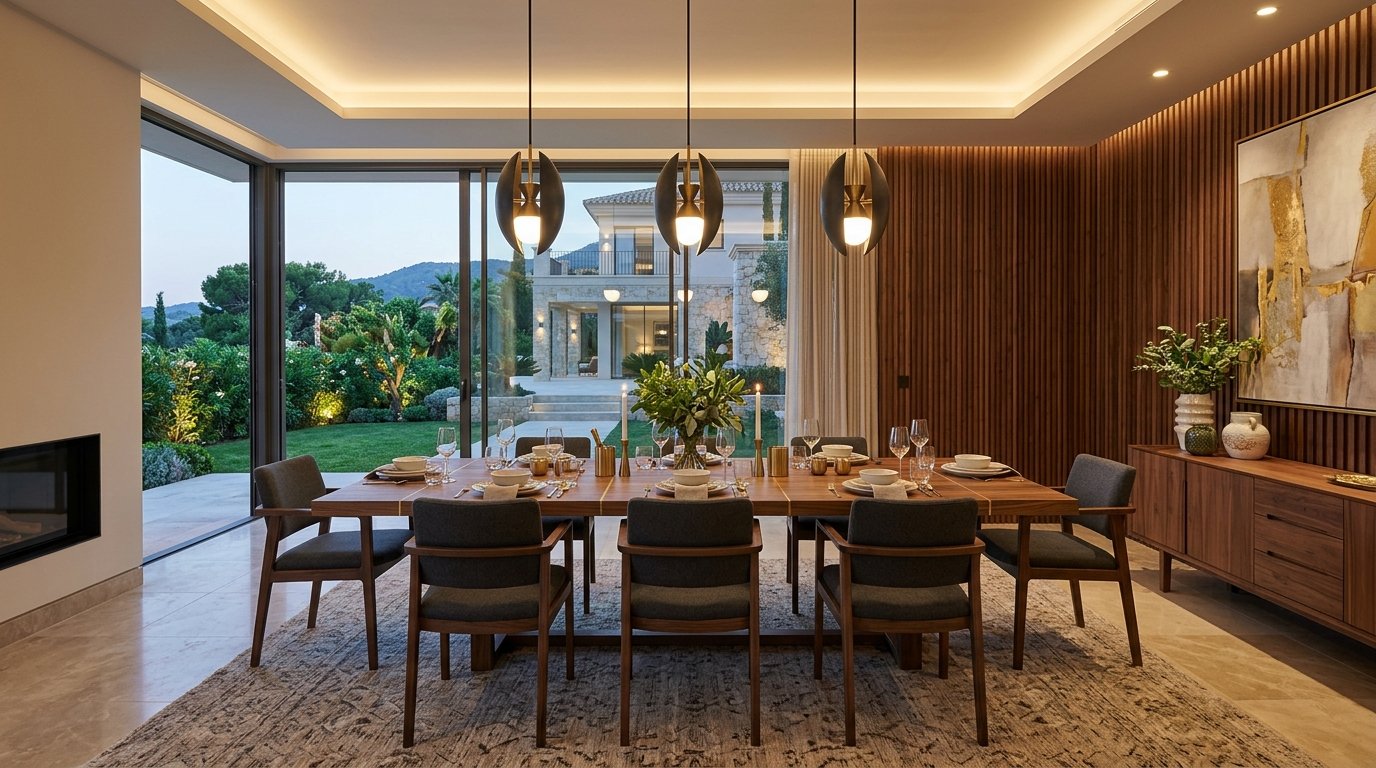 Open dining space featuring custom 8-seater teak dining table with brass inlay and fluted wood panelling