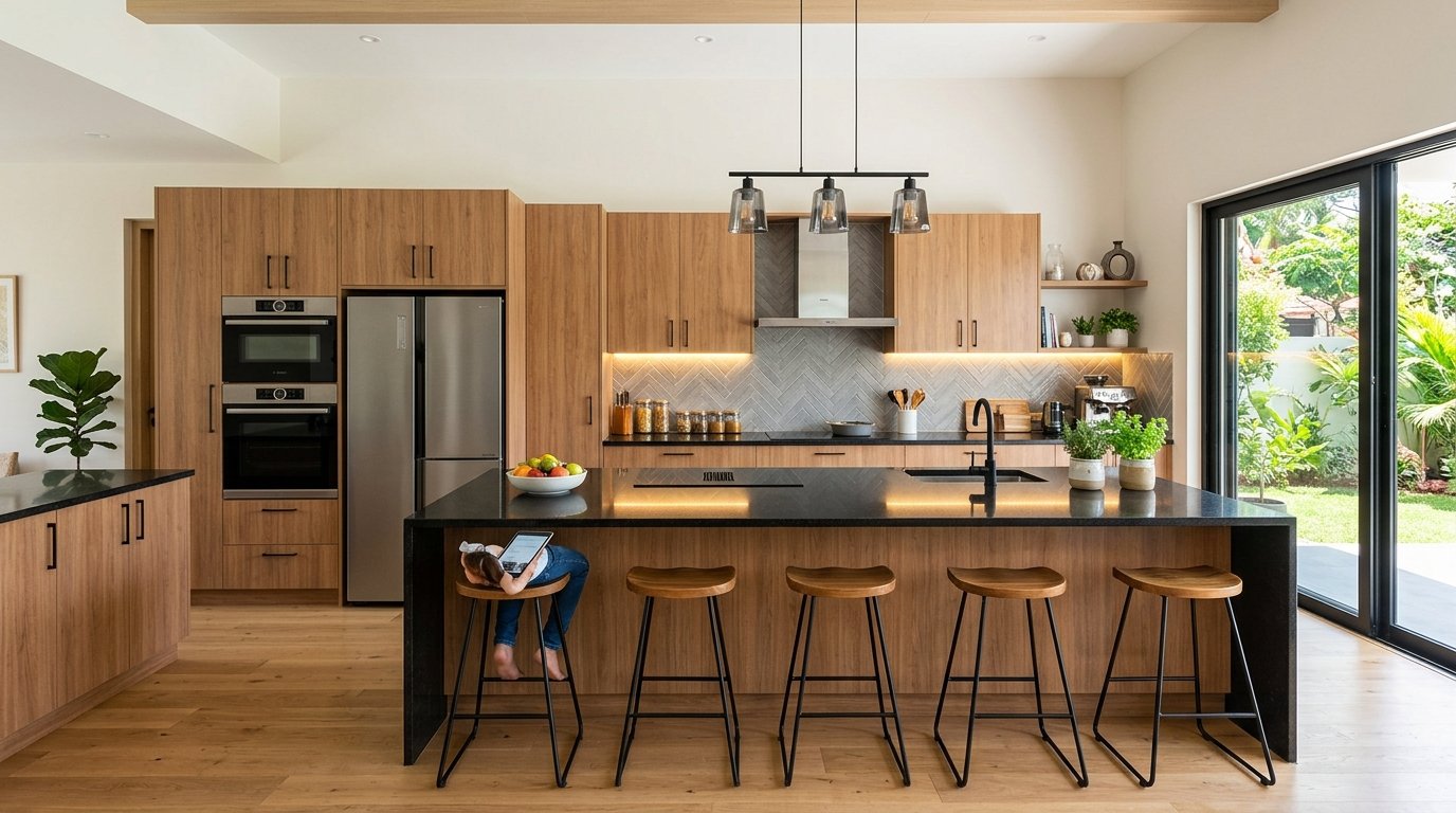 Modular kitchen with black granite breakfast island, tandem drawers, and under-cabinet LED profile lighting