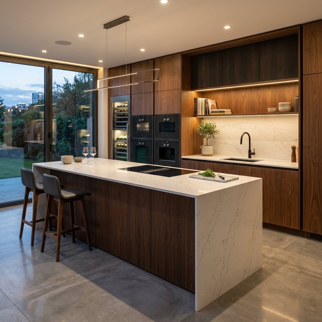Modular kitchen space after redesign with quartz surfaces and warm ambient lighting