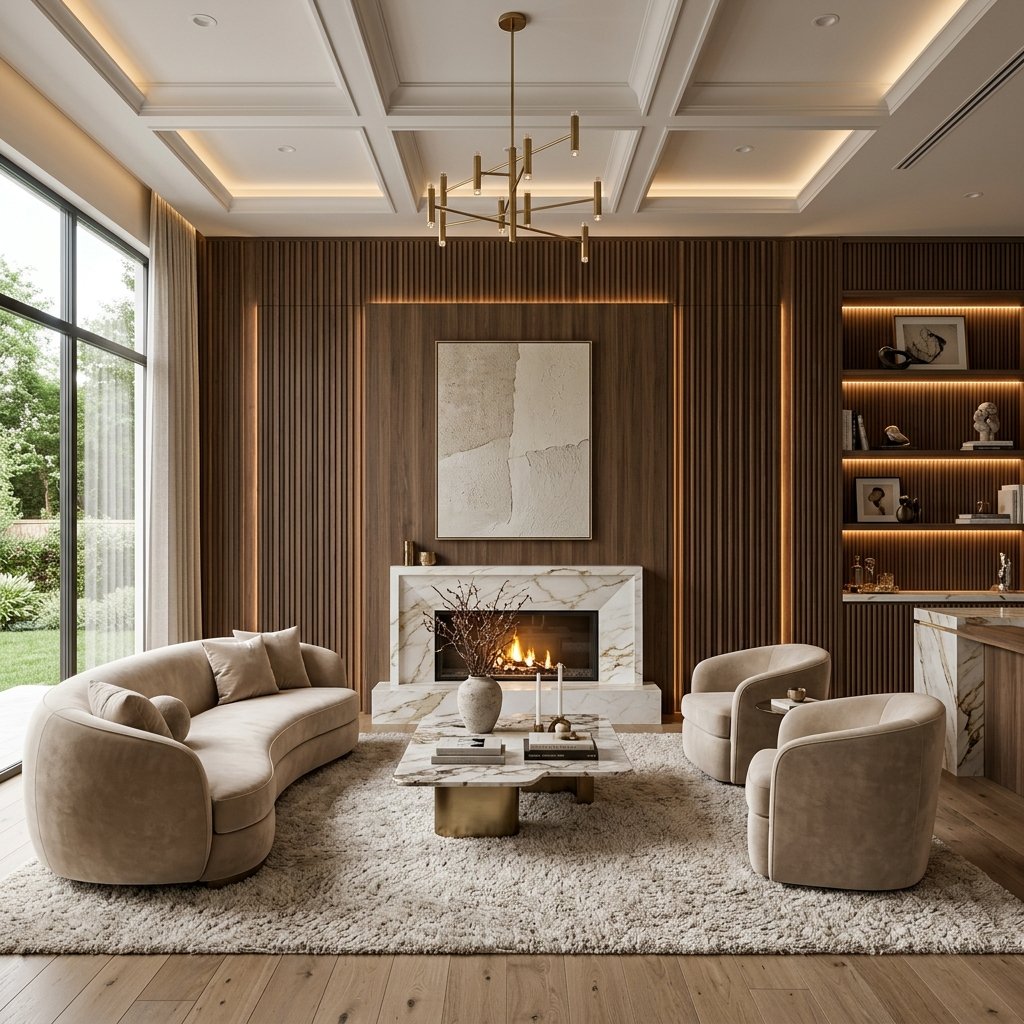 Living room after interior redesign with fluted timber panelling and warm cove lighting